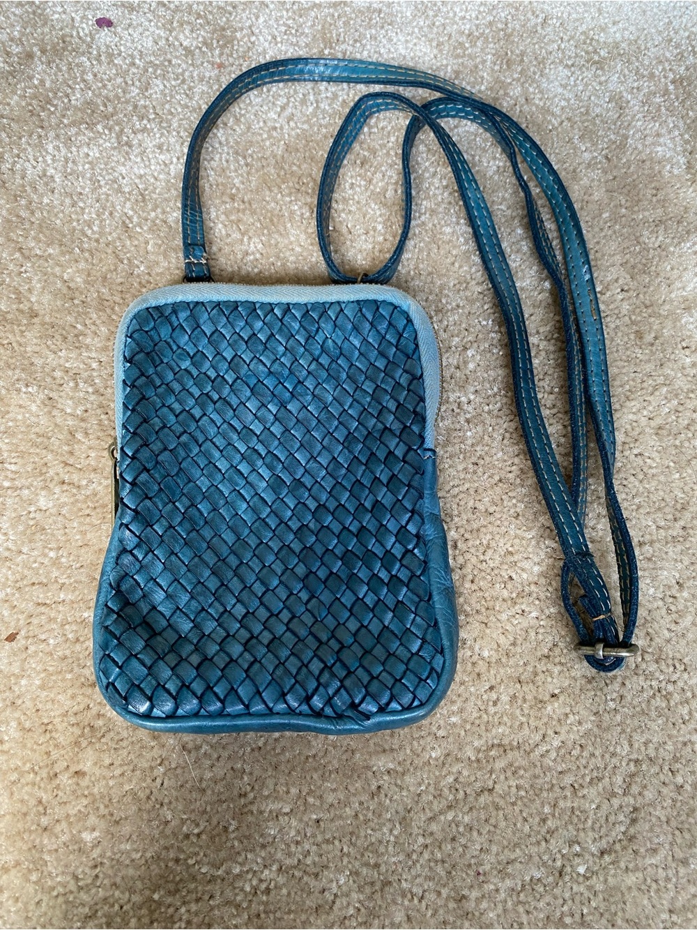 Woven Leather Crossbody Bag in Teal Blue